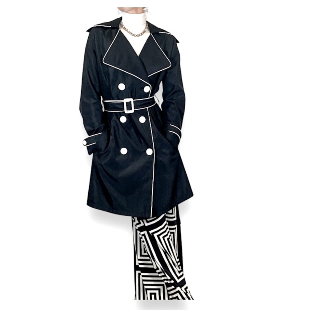 Vintage Vertigo Paris Double-Breasted Belted Trench Coat w/ White Trim Size L